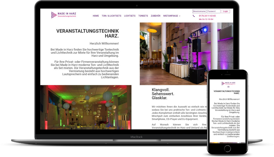 Kreative Website Erstellung Referenz Mietshop Veranstaltungstechnik Harz Webdesign